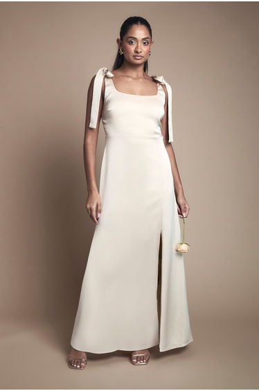 Champagne Satin Tie Shoulder Midi Bridesmaid Dress