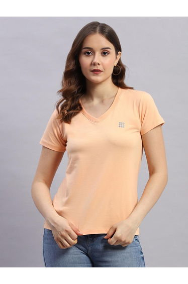 Women Peach Solid V Neck Short Sleeve Top