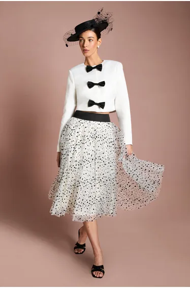 Lisa Tan Structured Satin Bow Front Jacket