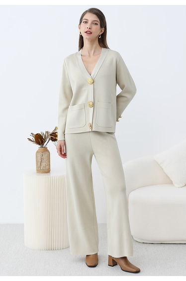 Golden Button Patch Pocket Knit Cardigan and Pants Set in Ivory