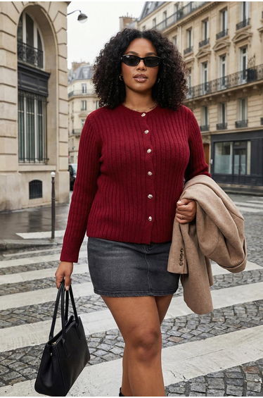 Burgundy button-detailed soft knit cardigan with slit detail