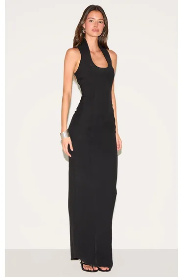 Black Woven Scoop Neck Maxi Dress