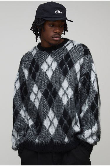 Tall Oversized Diamond Argyle Knitted Jumper - black