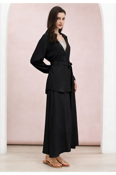 Beaded Mesh Insert Tie-Waist Shirt and Maxi Skirt Set in Black for Vacation Days & Beachside Lunches