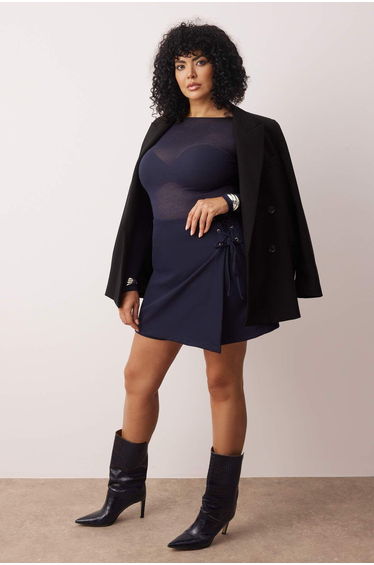 Navy Blue Woven Tied Short Skirt