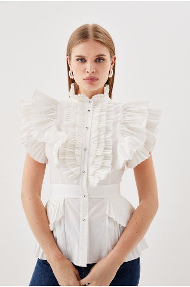 Cap Sleeve Pleated Ruffle Woven Shirt
