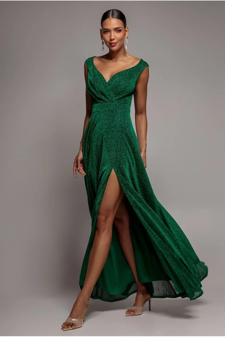 Goddiva Crossover Lurex Glitter Maxi Dress - Emerald