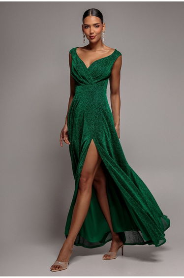 Goddiva Crossover Lurex Glitter Maxi Dress - Emerald