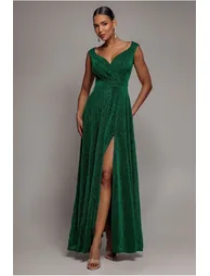 Goddiva Crossover Lurex Glitter Maxi Dress - Emerald - 2