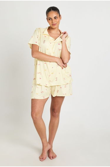 Plus Bunny And Bow Print Short Sleeve Shirt & Short Pyjama Set - yellow