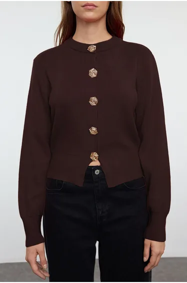Brown Premium Yarn/Special Yarn Crop Rose Button Jacket Look Knitwear Cardigan