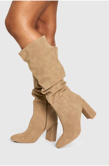 Ruched High Block Heeled Knee High Boots - camel
