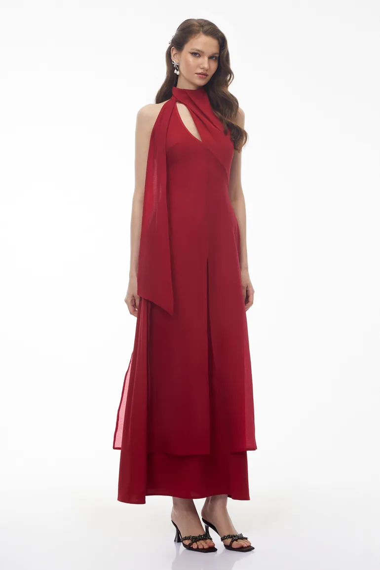 Berenice Red Halterneck Maxi Dress with Cut-Outs - 3