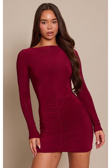 Wine Slinky Ruched Low Back Mini Dress