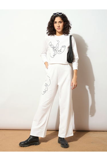 Women White Line Art Print Terry Wide Leg Pants