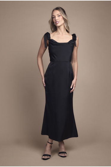 Satin Tie Shoulder Cowl Front Midi Bridesmaid Dress