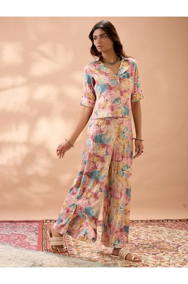 Multi Floral Notched Lapel Shirt and Trousers Fusion Co-Ords