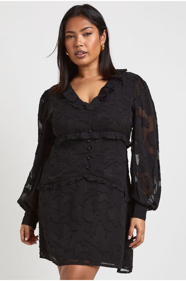 Plus Burnout Chiffon Ruffle Smock Dress - black