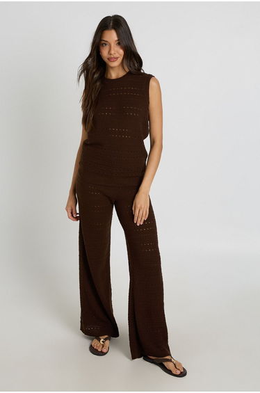 Crochet Knit Longline Top and Trouser Co-Ord - chocolate