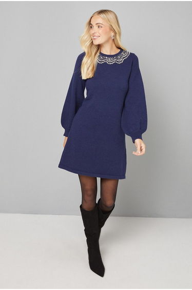Petite Navy Embellished Neck Knitted Dress