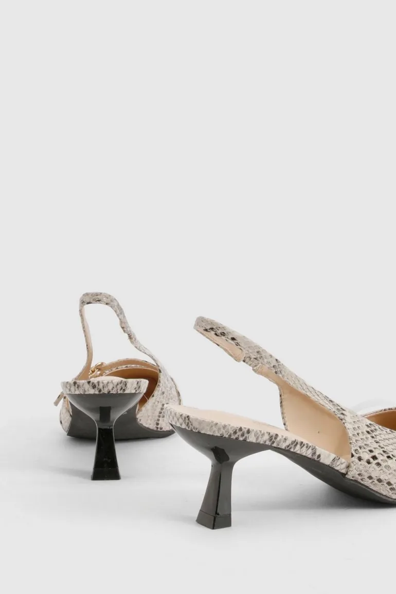 Snake Print Buckle Slingback Kitten Court Shoes - snake - 3