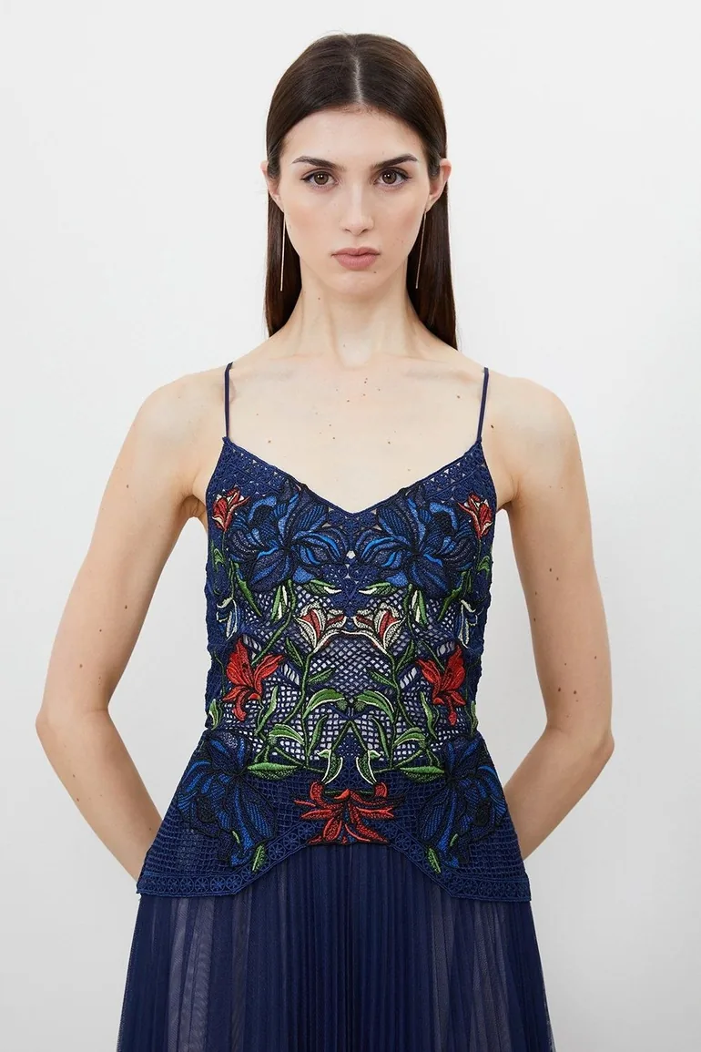 Shop Guipure Lace Pleat Skirt Woven Strappy Maxi Dress Online in Kuwait