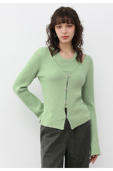 Hook Fastening Ribbed Knit Cardigan in Pistachio
