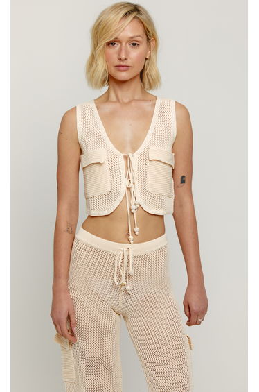 Cream Knit Vest with Cargo Pockets and Tie Detail