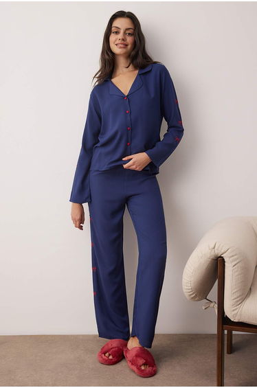 Navy blue plain shally woven pajama set