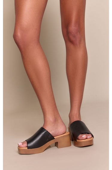 Black Faux Leather Wide Fit Block Heel Platform Mules