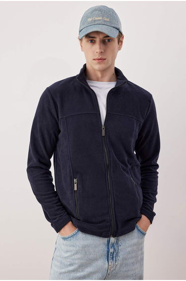 Navy blue regular/normal cut zippered fleece Jacket