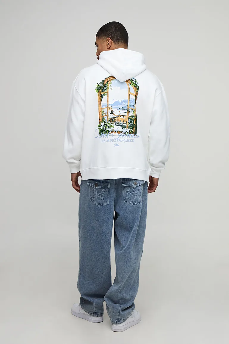 White Oversized Chalet Landscape Printed Hoodie - white - 2