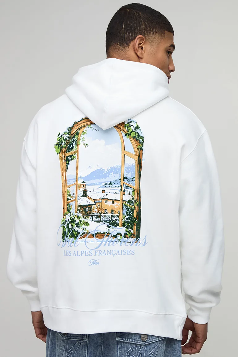 White Oversized Chalet Landscape Printed Hoodie - white - 1