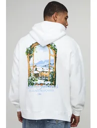 White Oversized Chalet Landscape Printed Hoodie - white - 1