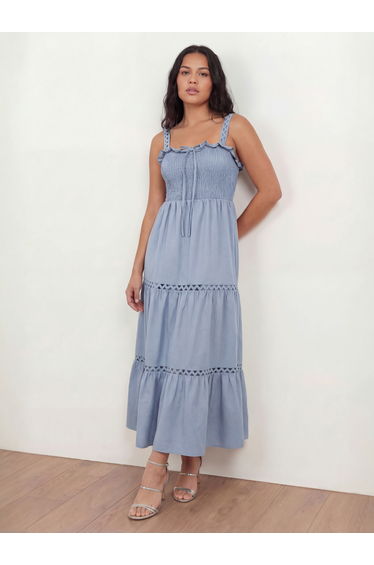 Lovedrobe Dusty Blue Ric Rac Detail Tiered Midaxi Dress