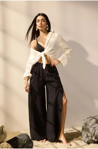 Black Woven 100% Linen Slit Beach Trousers