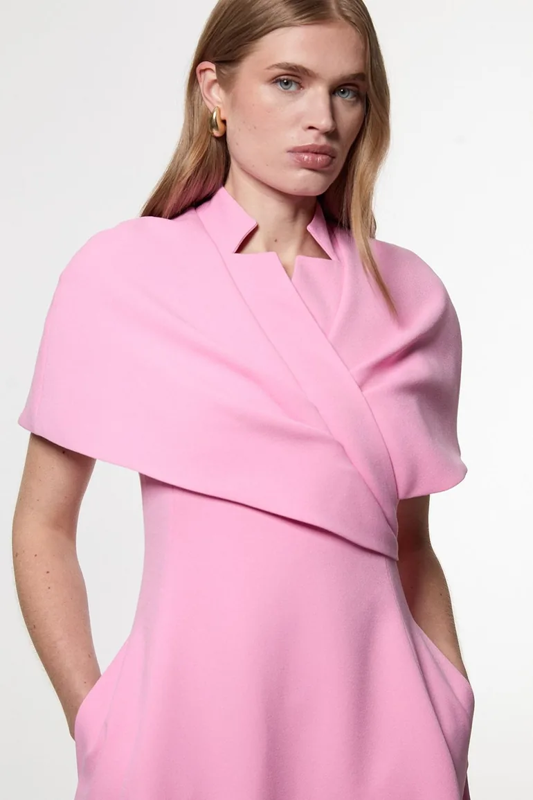 Structured Crepe Cape Detail Full Skirted Tailored Midi Dress - 2