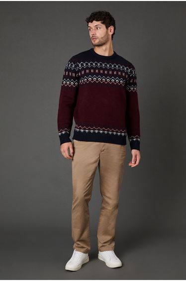 Burgundy Chunky Fairisle Pattern Crew Neck Knitted Jumper