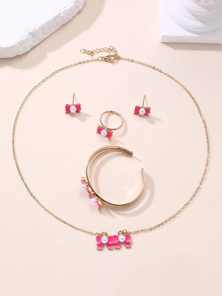 Girls Pink Bow Charm And Pearl Necklace, Bracelet, Ring and Earrings Set - 3