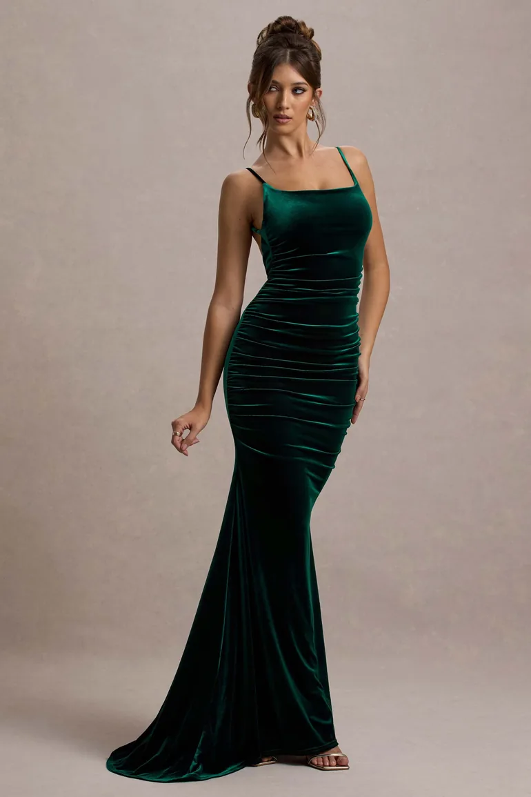 Shop Adele | Bottle Green Velvet Ruched Strappy Fishtail floor Dress Online  in Bahrain