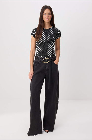 Black Polka Dot Fitted/Bodycon Short Sleeve Short Stretch Knitted Blouse