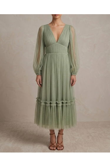 Rachel Tulle Midi Dress in Dusty Sage