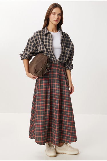 ISTANBUL Plaid High Waist Pleated Midi Skirt