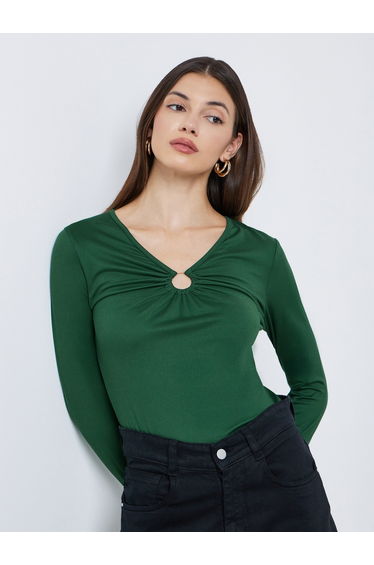 Green Keyhole Detail Fitted Knit Top