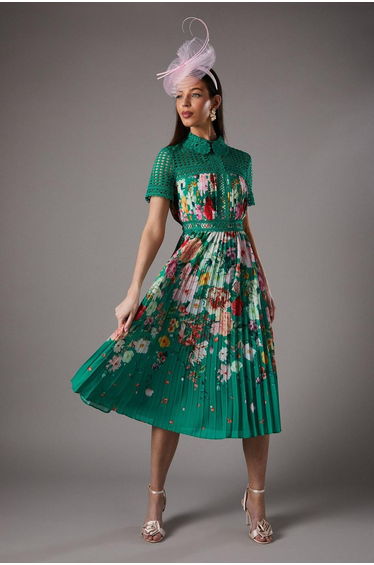 Lisa Tan Lace Pleated Printed Midi Dress