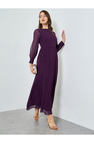 Women Purple Pleated Long Sleeves Maxi Dress