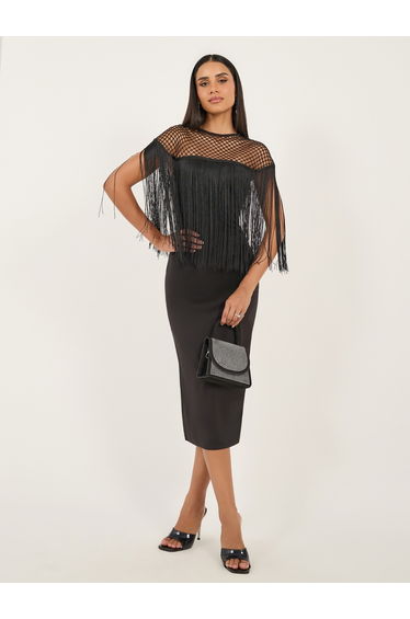 Plain Black Mesh Inserted Bodycon Midi Dress