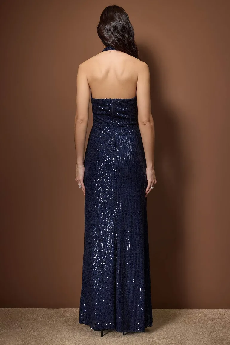 فستان حفلة ماكسي محبوك مزين بالترتر سادة لون كحلي - 3