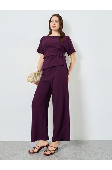Women Purple Textured Top and Wide Leg Pants Set