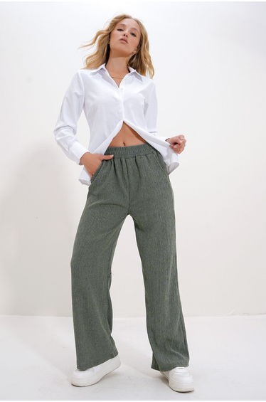 Women's Khaki High Waist Elastic Wide Leg Trousers